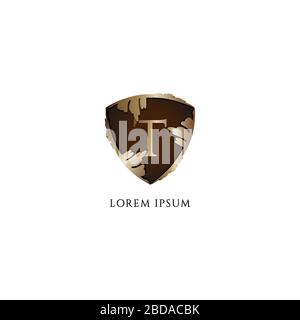 Letter T alphabet logo design template. Initial abjad logo concept. Luxury Decorative metallic gold shield sign illustration. Protection, Guard Stock Vector