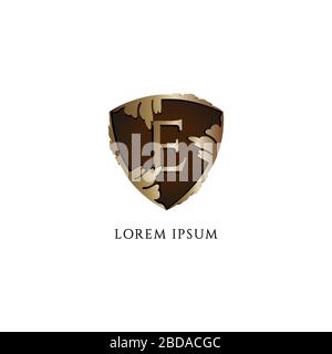 Letter E alphabet logo design template isolated on white background. Luxury Decorative metallic gold shield sign illustration. Initial abjad logo Stock Vector