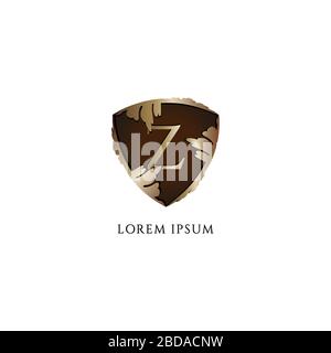 Letter Z alphabet logo design template. Luxury Decorative metallic gold shield sign illustration. Initial abjad logo concept isolated on white Stock Vector