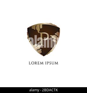 Letter P alphabet logo design template. Initial abjad logo concept isolated on white background. Luxury Decorative metallic gold shield sign Stock Vector