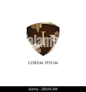 Letter I alphabet logo design template. Initial abjad logo concept. Luxury Decorative metallic gold shield sign illustration. Protection, Guard Stock Vector