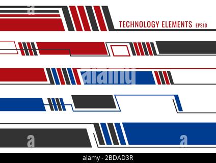 Set of abstract modern technology futuristic elements red, blue and gray geometric lines  on white background. Vector illustration Stock Vector