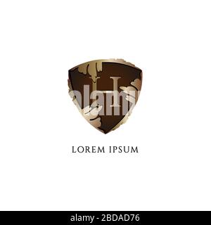 Letter H alphabet logo design template. Initial abjad logo concept. Luxury Decorative metallic gold shield sign illustration. Protection, Guard Stock Vector