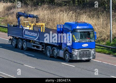 Simon driving Wincanton Haulage delivery trucks, drop-side lorry, transportation, truck with HIAB, cargo carrier, 2018 Renault Trucks (T) vehicle, European commercial transport industry, M61 at Manchester, UK Stock Photo