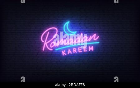 Ramadan Kareem neon. Lettering glowing colorful sign for Ramadan celebration with crescent moon Stock Vector
