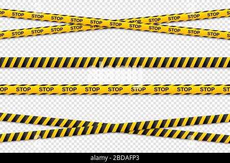 Warning yellow and black seamless tapes on transparent background. Safety fencing ribbon. Vector illustration Stock Vector