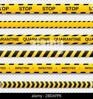 Warning yellow and black seamless tapes on transparent background. Safety fencing ribbon. Vector illustration Stock Vector