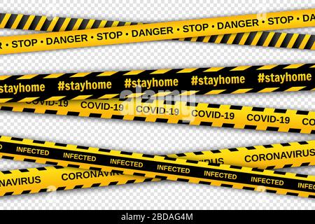 Warning yellow and black tapes on transparent background. Safety fencing ribbons. Global pandemic coronavirus COVID-19. Vector illustration Stock Vector