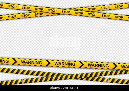 Warning yellow and black tapes on transparent background. Safety fencing ribbons. Vector illustration Stock Vector