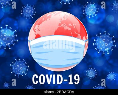 Coronavirus COVID-19 concept. Earth in a medical mask. Dangerous coronavirus outbreak. Pandemic medical concept with dangerous cells. Vector illustrat Stock Vector