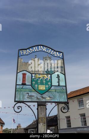 Colouful town sign, on the market square, for Framlingham, Suffolk, UK Stock Photo