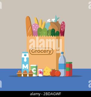 Flat design colored vector illustration of food and drink products falling down into paper bag, concept for retail and delivery. Isolated vector illus Stock Vector