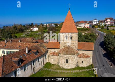 Romanesque church Saint-Sulpice with a triple apse, St-Sulpice, Canton of Vaud, Switzerland Stock Photo