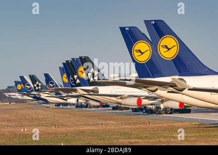 Frankfurt, Germany - April 7, 2020: Lufthansa Airbus A330 and A340 grounded and stored at Frankfurt airport (FRA) in the Germany. Airbus is an aircraf Stock Photo