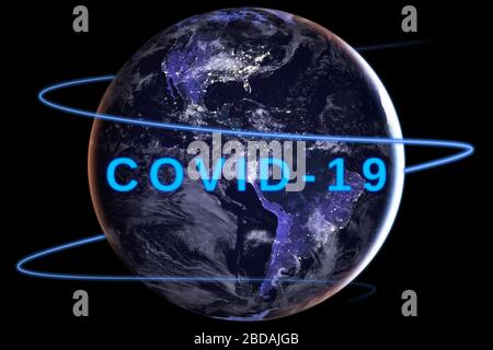 Concept of spreading of Covid-19 disease around the globe seen from satellite images at night- contains elements furnished by NASA Stock Photo