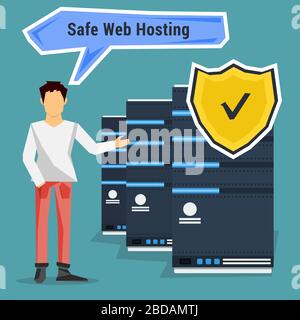 Man points to safe web hosting Stock Vector