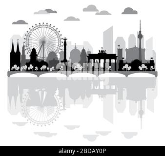Horizontal silhouette illustration of Berlin architectural landmarks and reflection in water. Panoramic Berlin traveling skyline. German tourism and j Stock Vector