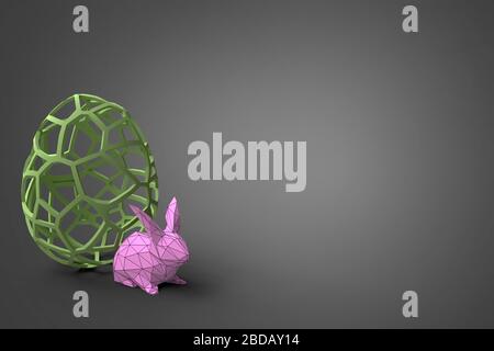 Stylish greeting card with green egg and rabbit. The bunny is in origami style paper character. 3d illustration. Blank space for your text. Stock Photo