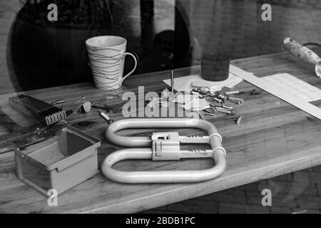 desktop in the workshop, tools lie on the table in the workshop Stock Photo