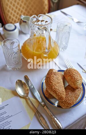 Breakfast in the restaurant car of the train; Stock Photo