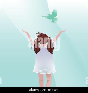 A girl stretches her hands to the sky. Peace and freedom sign Stock Vector