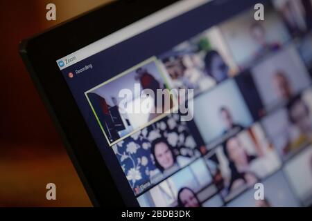 Bucharest, Romania - March 31, 2020: Macro and shallow depth of field image (selective focus) with the Zoom video conference app/site - work from home Stock Photo