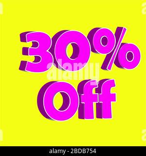 30 Percent off 3d Sign on yellow Background, Advertising, offer Icon,  Sale, Special Offer Label, Sticker, Tag, Banner, big offer, Sale Stock Photo