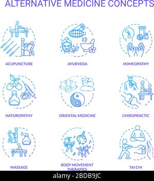 Alternative medicine concept icons set. Complementary, holistic therapies idea thin line RGB color illustrations. Physical and spiritual healing Stock Vector