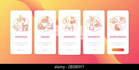 Traditional therapies onboarding mobile app page screen with concepts. Oriental medicine, ayurveda walkthrough five steps graphic instructions. UI Stock Vector