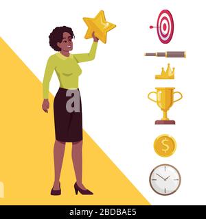 Goal achievement semi flat RGB color vector illustration. African American woman reaching star isolated cartoon character on white background with Stock Vector