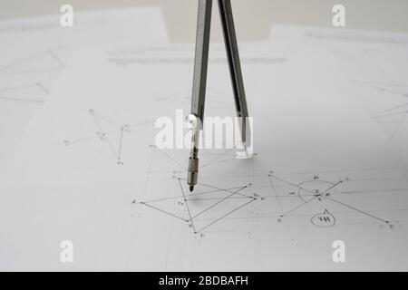 Compass Tech Draft Drawing Technical drawing with drafting compass, papers Stock Photo - Alamy