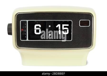 Vintage flip alarm clock on white background Stock Photo
