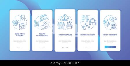 Burnout onboarding mobile app page screen with concepts. Negative feedback. Office problems walkthrough 5 steps graphic instructions. UI vector Stock Vector