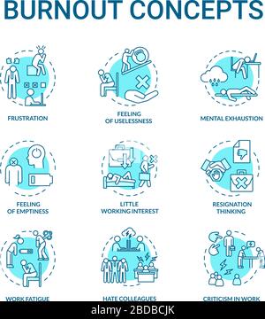 Burnout concept turquoise icons set. Work fatigue. Mental exhaustion. Crisis in office. Frustration idea thin line RGB color illustrations. Vector Stock Vector