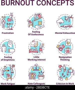 Burnout concept icons set. Work fatigue. Mental exhaustion. Little working interest. Frustration idea thin line RGB color illustrations. Vector Stock Vector