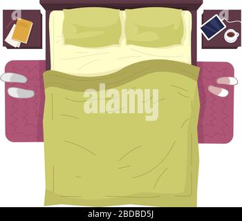 Bed with green linens top view with nobody semi flat RGB color vector illustration. Cozy sleeping place. Bedroom furniture and interior decor isolated Stock Vector