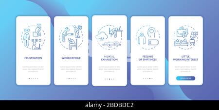 Burnout onboarding mobile app page screen with concepts. Unmotivated and bored. Overworked people walkthrough 5 steps graphic instructions. UI vector Stock Vector
