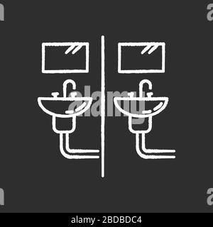 Communal bathroom chalk white icon on black background. Bathing arrangement. Common washbasins. Shared bath. Dormitory conditions. Living Stock Vector
