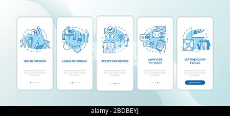 Friendship development onboarding mobile app page screen with concepts. Good friend personal values walkthrough 5 steps graphic instructions. UI Stock Vector