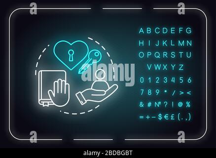 Being trustworthy neon light concept icon. People secrets keeping. Being loyal, dependable friend idea. Outer glowing sign with alphabet, numbers and Stock Vector