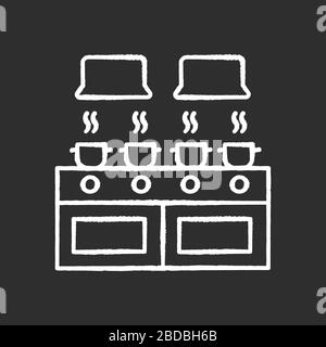 Communal kitchen chalk white icon on black background. Common dormitory room. Casseroles on stove. Living accommodations. Shared dorm space Stock Vector