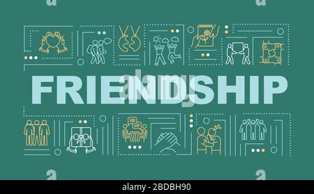 Friendship word concepts banner. Soulmate relationships. Interpersonal communication. Infographics with linear icons on emerald background. Isolated Stock Vector