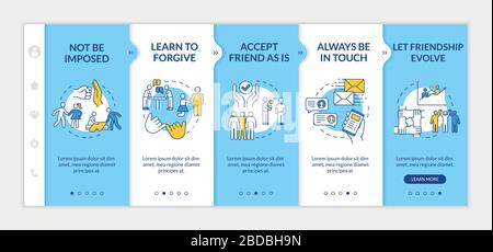 Friendship and love relationship advices onboarding vector template. Respect, learn to forgive friend. Responsive mobile website with icons. Webpage Stock Vector