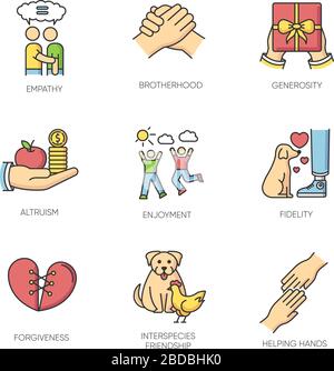 Friendship and support RGB color icons set. Best friends connection, emotional affection. Interpersonal relationship, friendly interspecies bond Stock Vector
