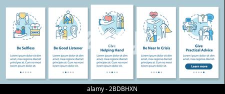 Friends relationship onboarding mobile app page screen with concepts. Friends support and advices walkthrough 5 steps graphic instructions. UI vector Stock Vector