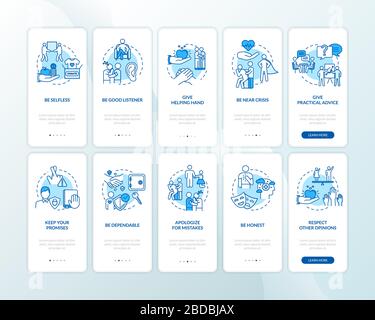 Friendship advices onboarding mobile app page screen with concepts set. Best friends support walkthrough 5 steps graphic instructions. UI vector Stock Vector