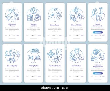 Women empowerment onboarding mobile app page screen with concepts set. Male and female social role stereotype walkthrough 5 steps graphic instructions Stock Vector