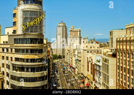 MADRID, SPAIN - AUGUST 11: Aerial view of the Gran Via street on August 11, 2014 in Madrid, Spain, the Spanish Broadway, with the iconic neon advertis Stock Photo
