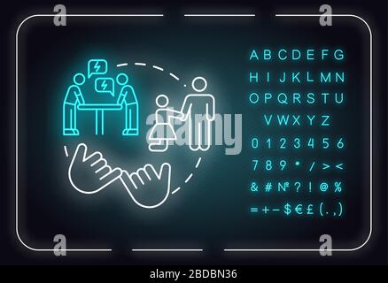 Learn to forgive neon light concept icon. Apologizing partner and friend for mistakes idea. Outer glowing sign with alphabet, numbers and symbols Stock Vector