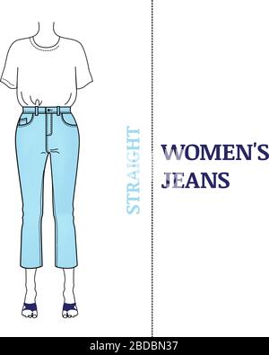 Women's blue jeans with straight silhouette. Shortened, high-waisted pants classic fit and basic t-short. Types of  popular cut for jeans, vector illu Stock Vector